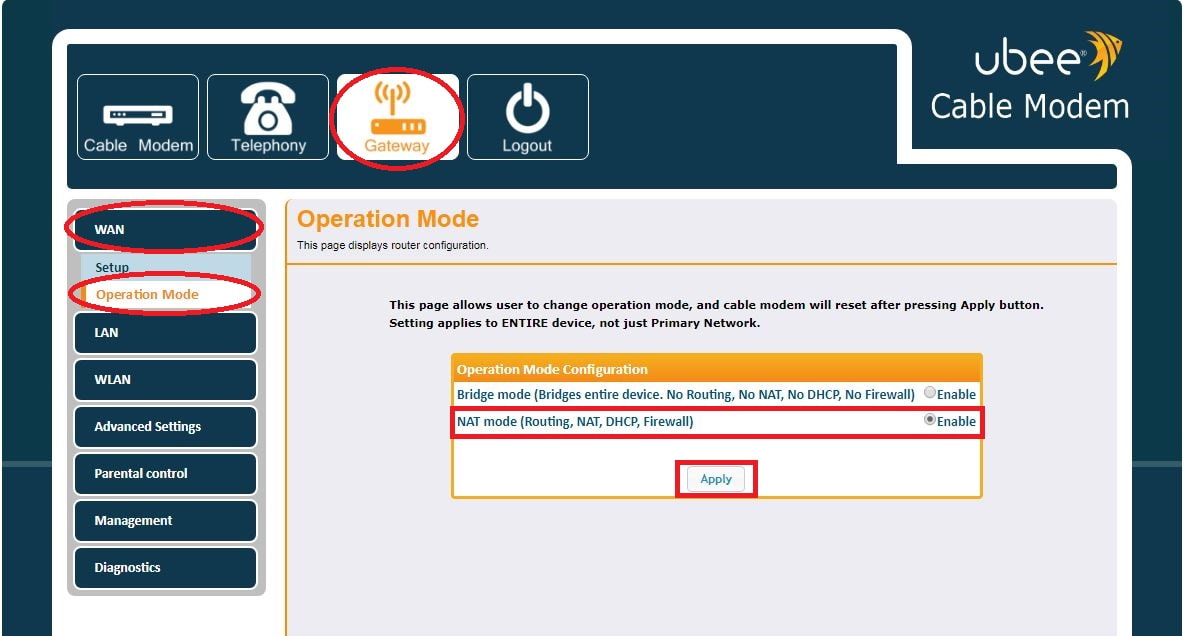 Ubee Modem to Router Mode