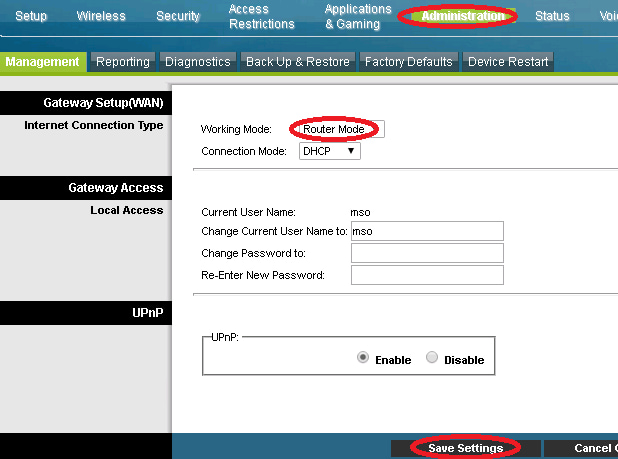 Setting working mode to 'Router mode'