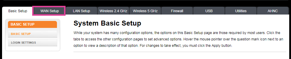 Interface - selecting 'WAN setup'