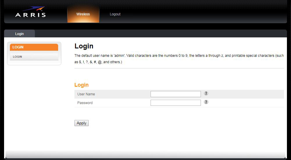 User interface login page