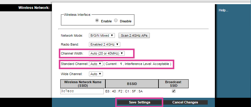 Changing channel width and channel to auto